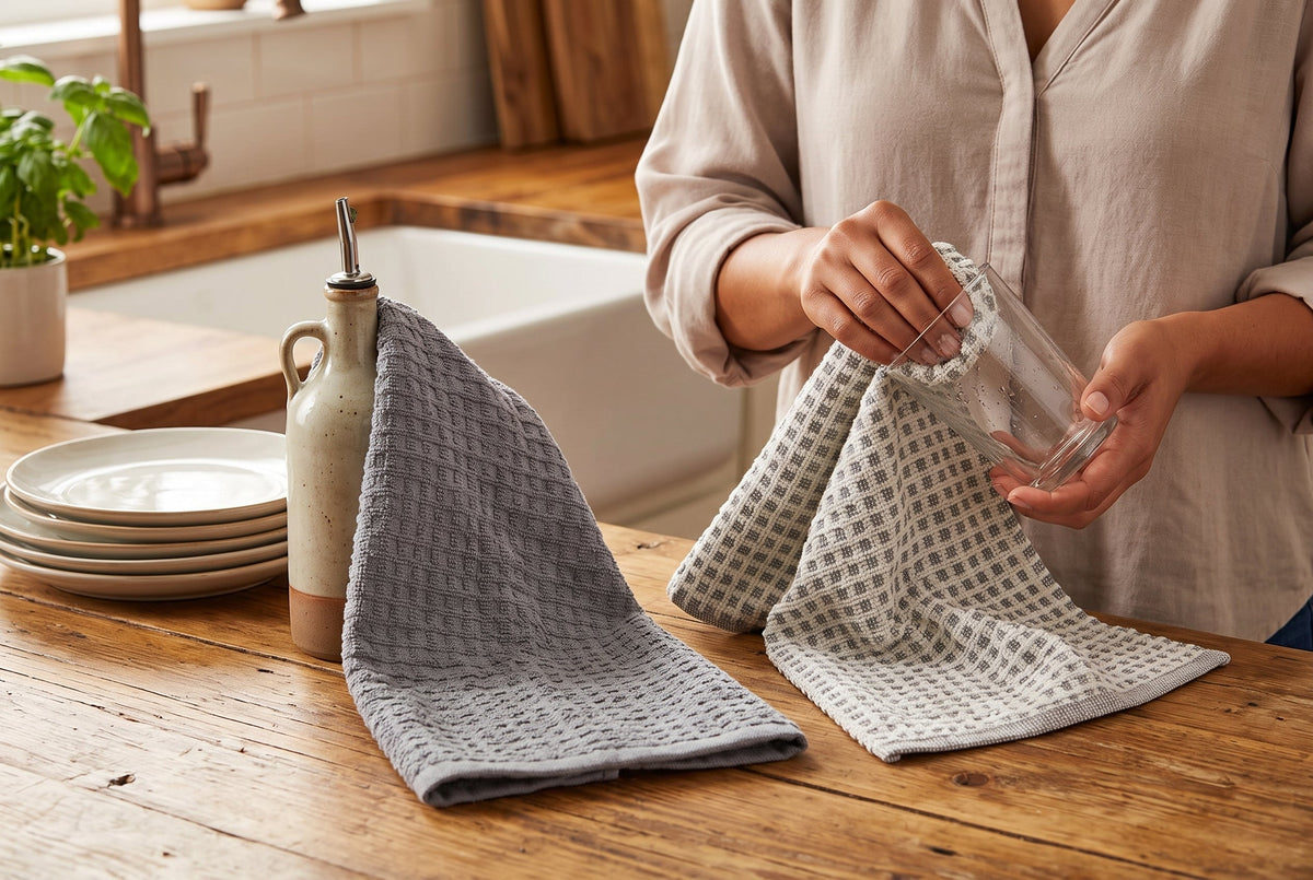 Kitchen Towels, Set of 2, 100% Cotton Woven Terry, Textured and Check, 16 x 24 in (41 x 61 cm)