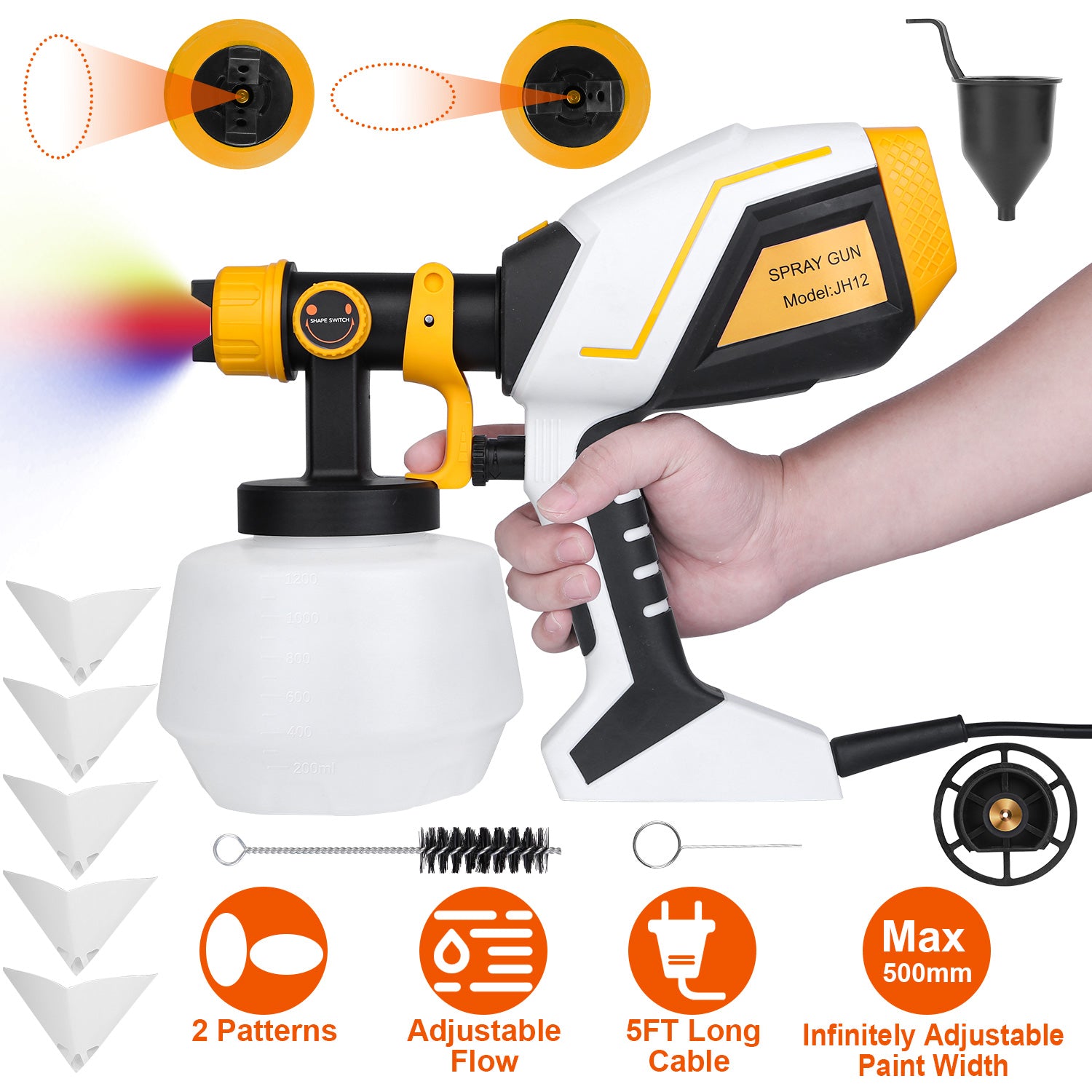 Electric Paint Sprayer HVLP Spray Painting Gun Handheld Painter with Different Spray Patterns 1200ML Detachable Container Flow/Length/Width Adjustable 