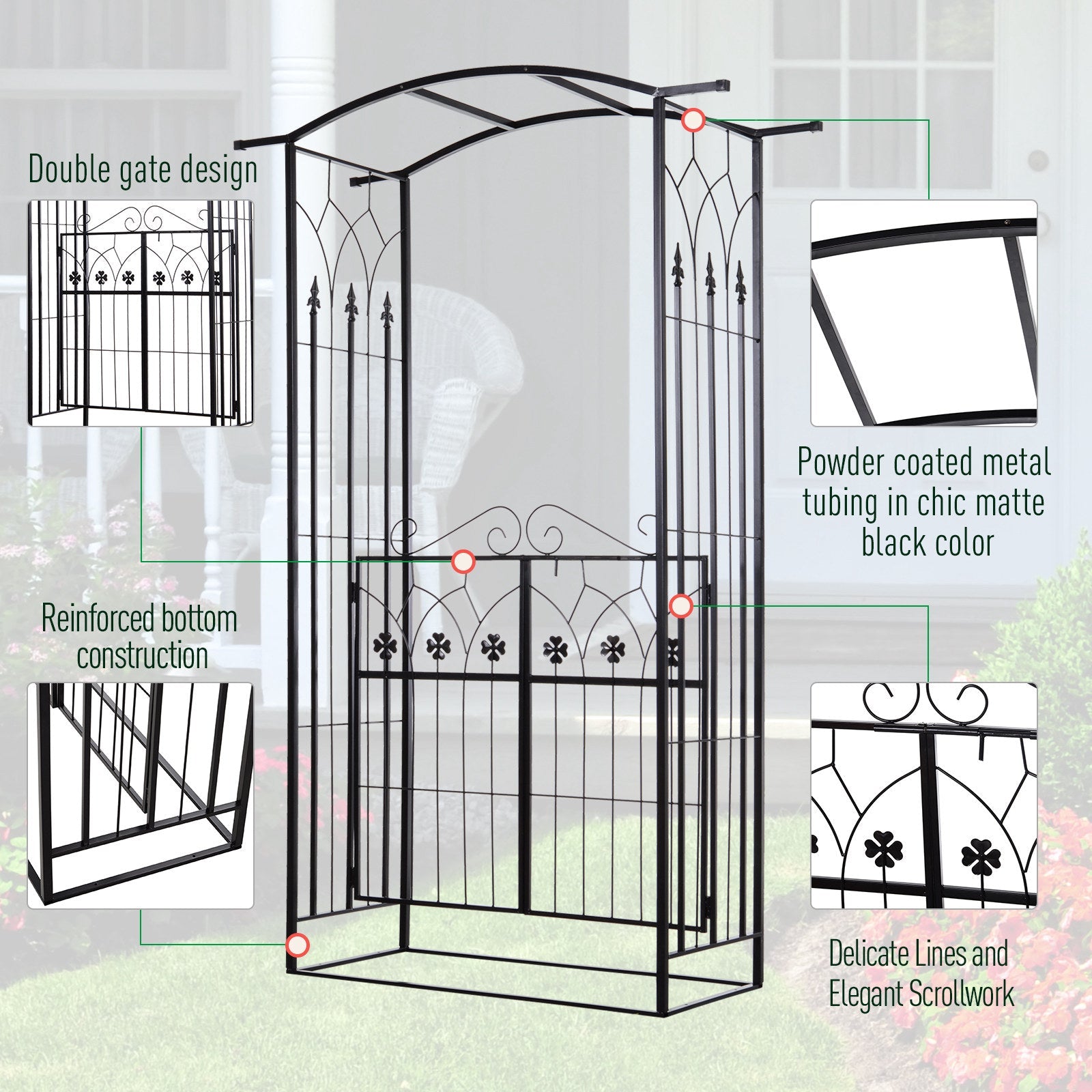 Outsunny Outdoor Metal Trellis Garden Arch Arbor w/ Lucky Leaf Clover Gate for Ceremony Wedding Party Garden Lawn, Black 