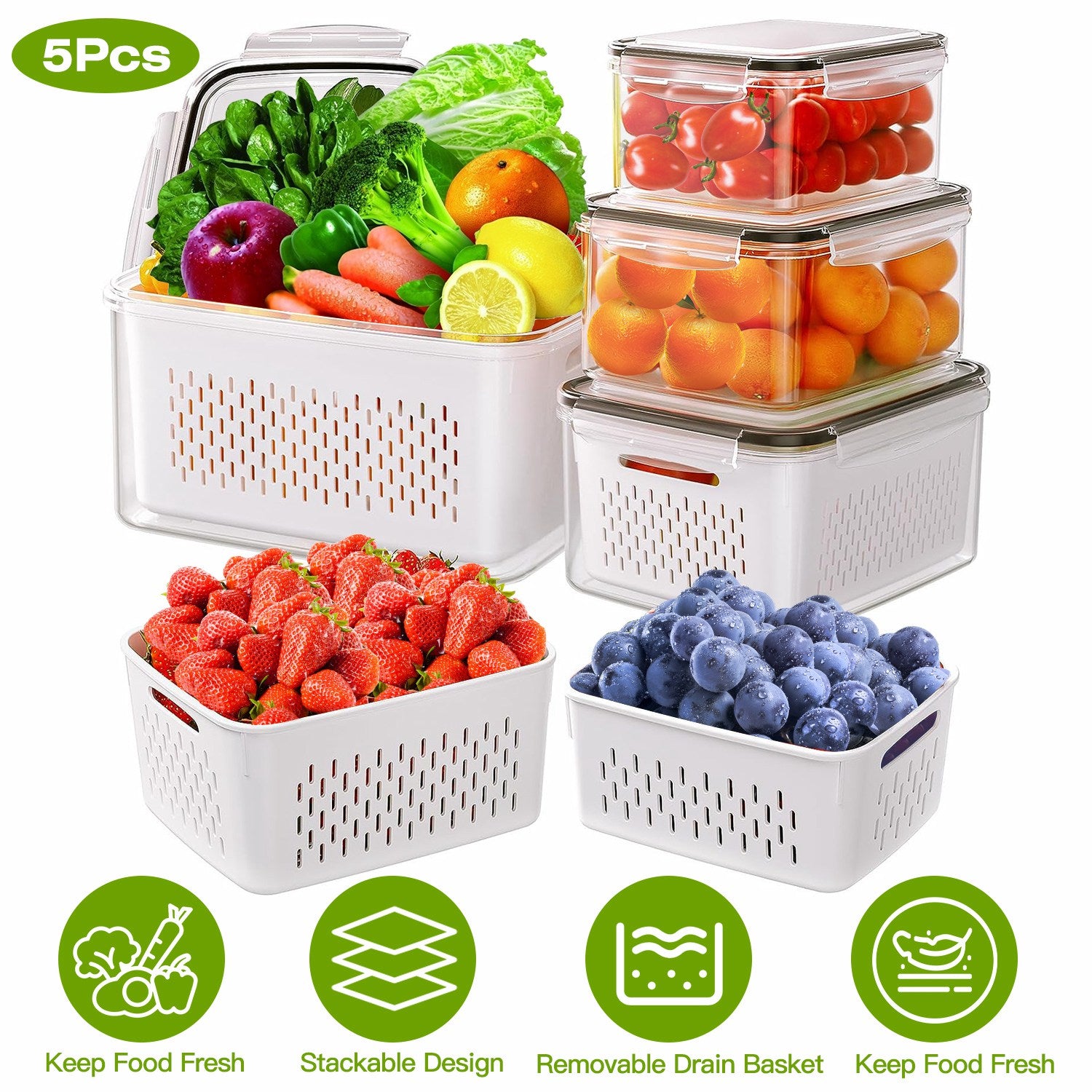 5Pcs Fruit Vegetable Containers with Removable Drain Basket Leakproof Lid Stackable Food Storage Organizer for Fridge Dishwasher Safe 