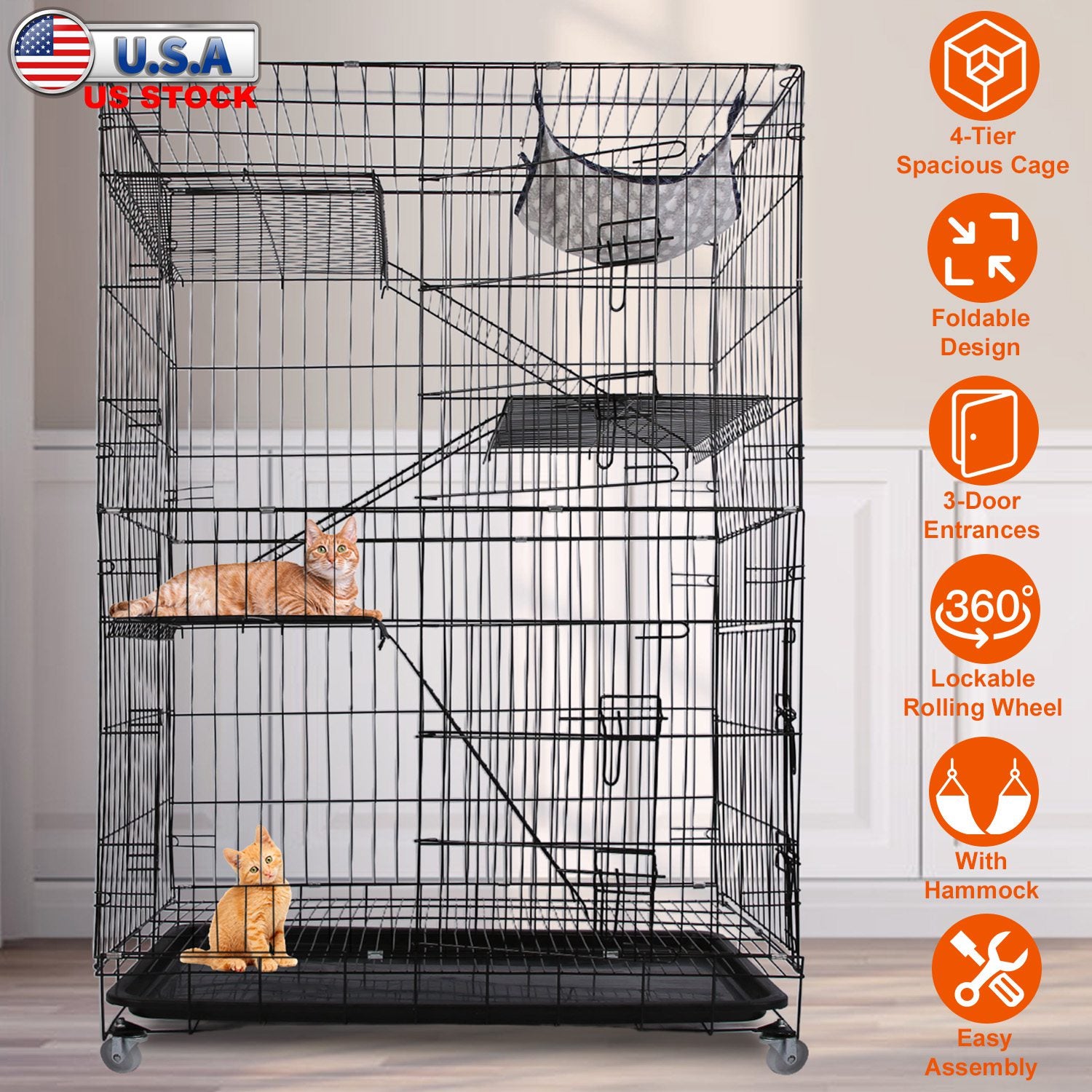 4 Tiers Cat Cage Rolling Metal Cat Playpen Enclosures Cat Kennel House Ferret Crate with 360° Lockable Wheels 3 Doors 3 Ladders Hammock