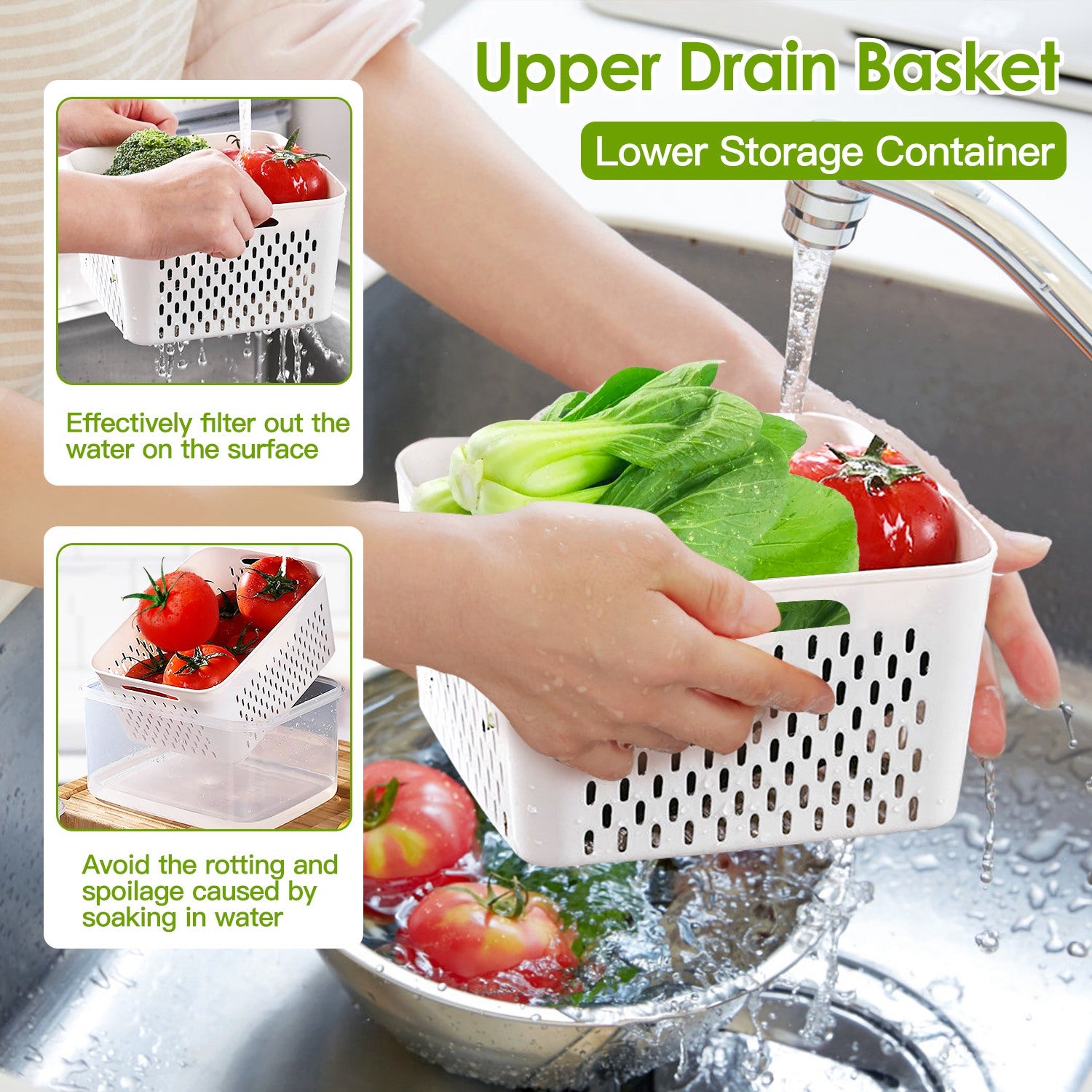 5Pcs Fruit Vegetable Containers with Removable Drain Basket Leakproof Lid Stackable Food Storage Organizer for Fridge Dishwasher Safe 