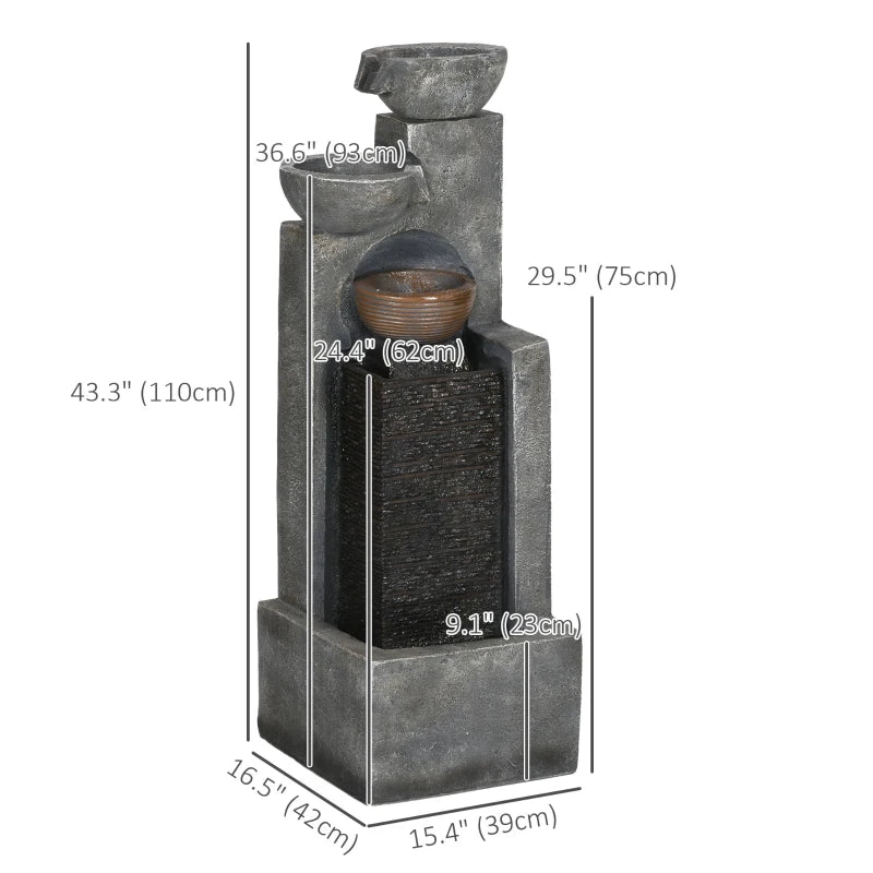 5-Tiered Cascading Bowls Outdoor Water Fountain with LED Lights, Adjustable Flow, 43.3-inch Resin Waterfall Fountain