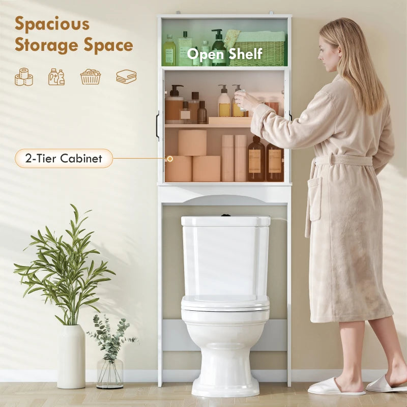 Over the Toilet Storage Cabinet Freestanding Bathroom Organizer with 2 Doors and Open Shelf White