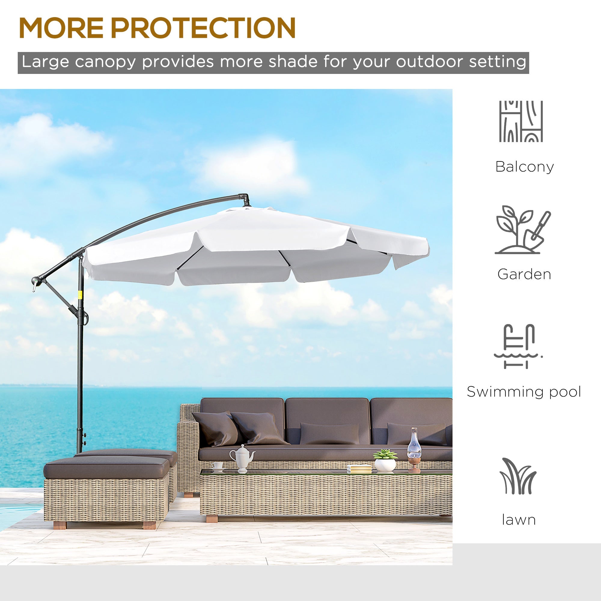 Outsunny 11FT White Offset Patio Umbrella Cantilever Easy Tilt Cross Base 8 Ribs Sun Shade for Garden 