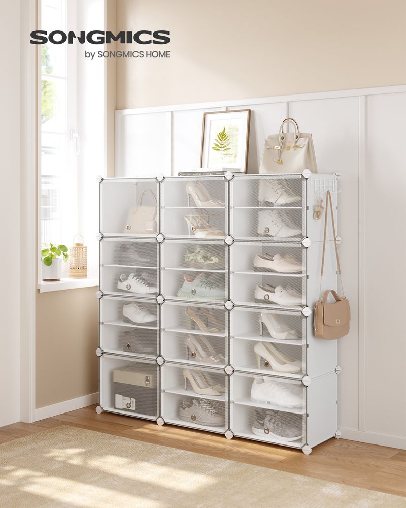 SONGMICS Cubes Plastic Shoe Rack with Doors, Holds Up to 16 to 48 Pair of Shoes 