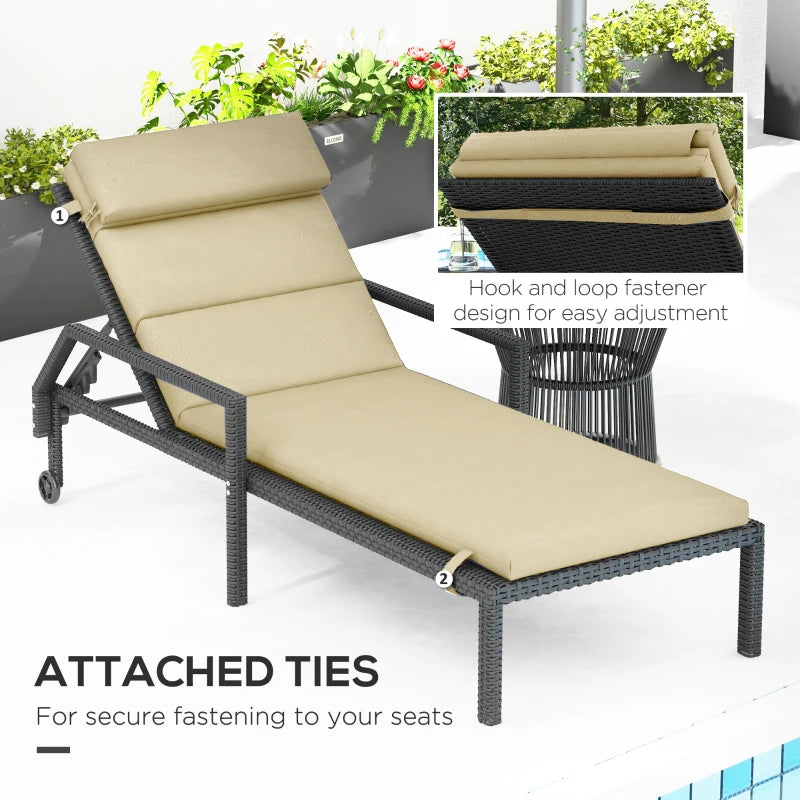 Patio Chaise Lounge Chair Cushions Replacement Sun Lounger Pads with Headrest and Ties, Set of 2, Beige