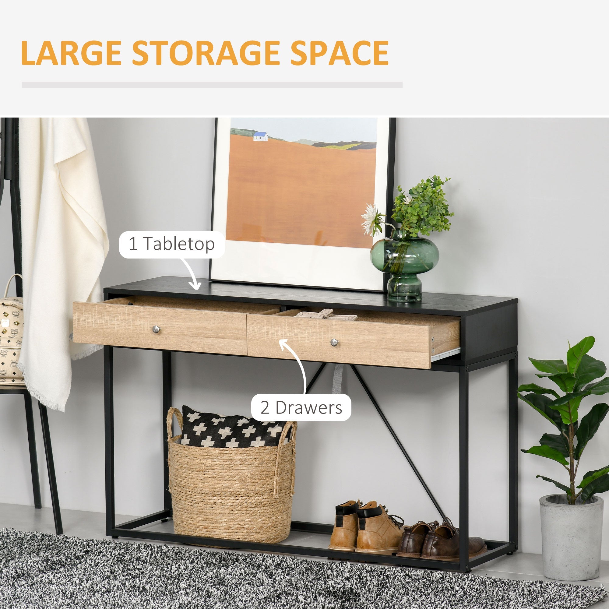 HOMCOM Modern Console Table: Entryway Sofa Table with 2 Drawers & Steel Frame, Living Room/Hallway, Black 
