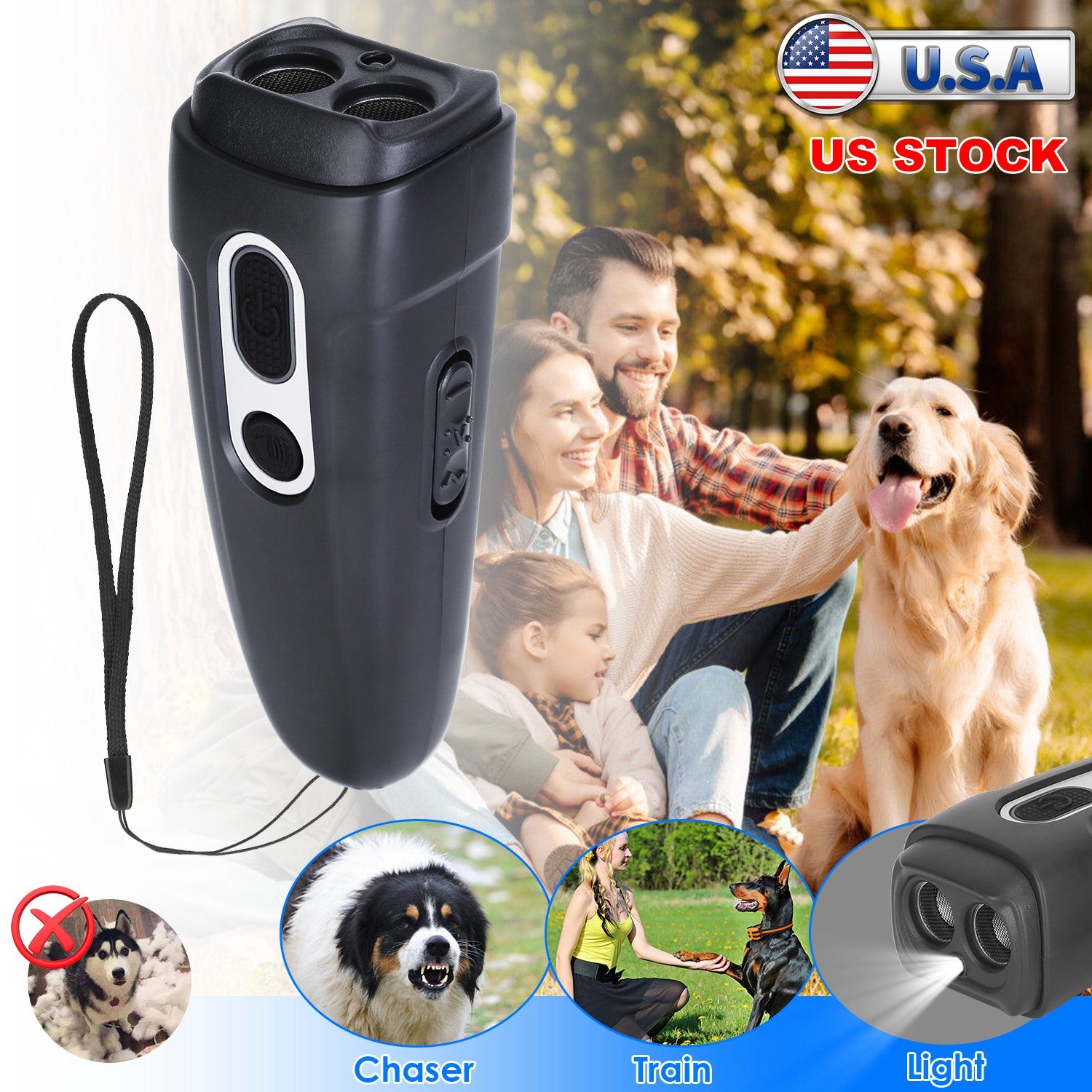 Ultrasonic Anti Barking Device Rechargeable Handheld Dog Barking Deterrent with 4 Modes LED Flashlight Dog Repeller 