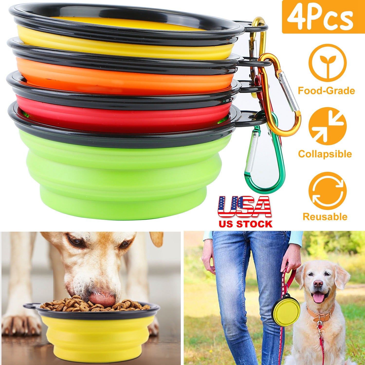 4Pcs Silicone Collapsible Dog Bowls BPA Free Travel Dog Bowl Foldable Cat Dog Food Water Bowl w/ Carabiner Clip For Traveling Walking Hiking