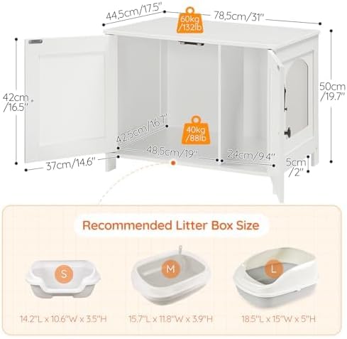 HOOBRO Cat Litter Box Enclosure Furniture, Hidden Cat Washroom with Divider, Pet House End Table, White