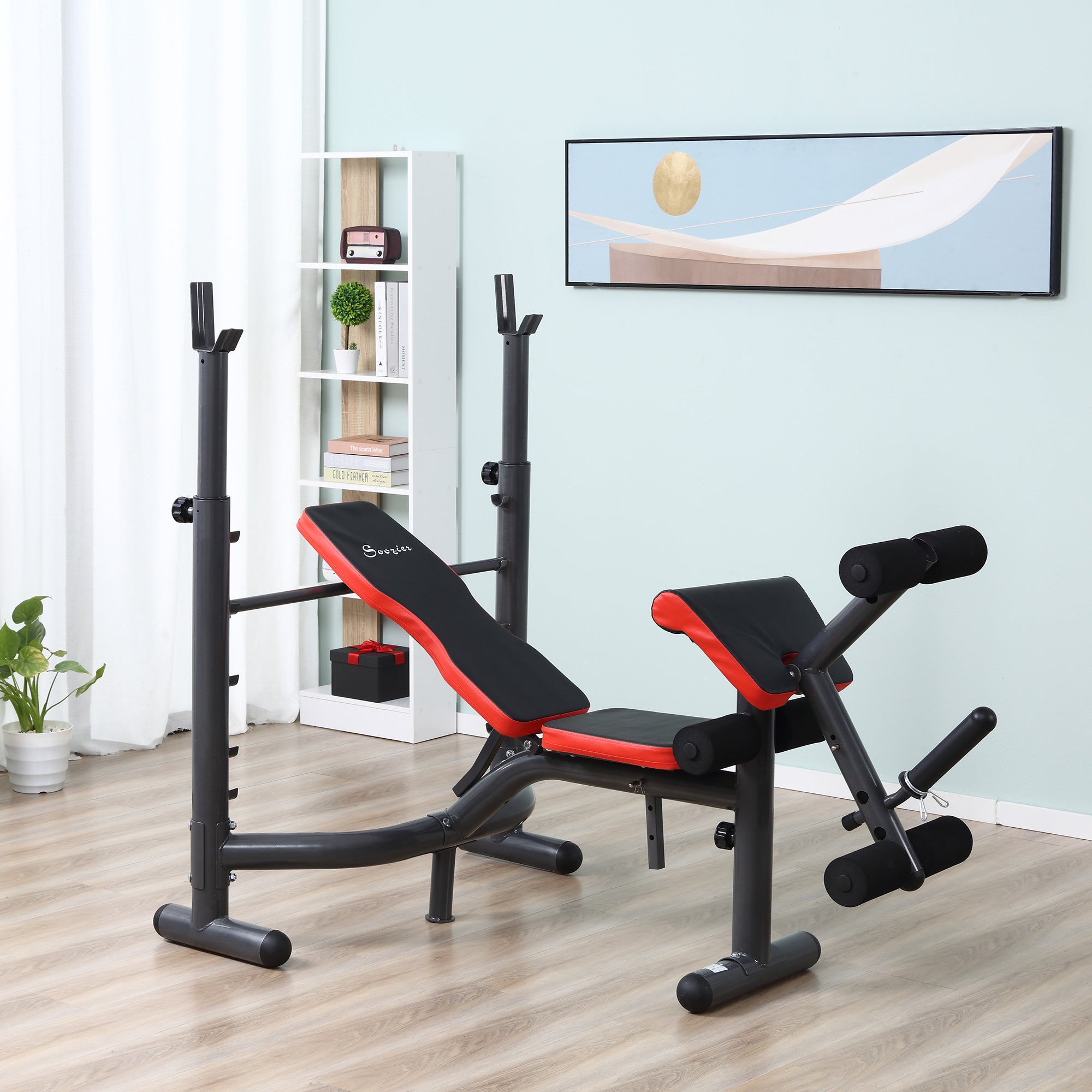 Soozier Workout Bench Heavy Duty Adjustable with Preacher Curl Leg Developer for Full Body Exercise Black 