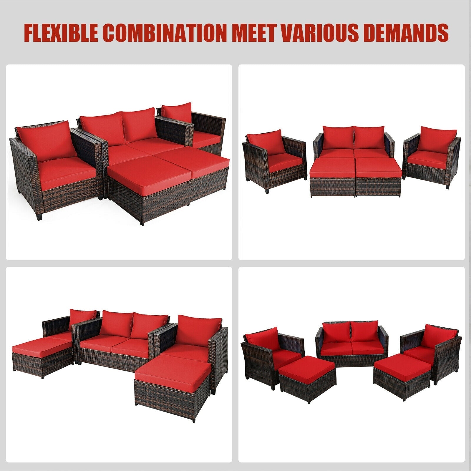 5 Pieces Patio Cushioned Rattan Furniture Set-Red