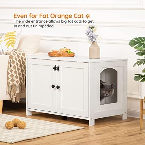 HOOBRO Cat Litter Box Enclosure Furniture, Hidden Cat Washroom with Divider, Pet House End Table, White