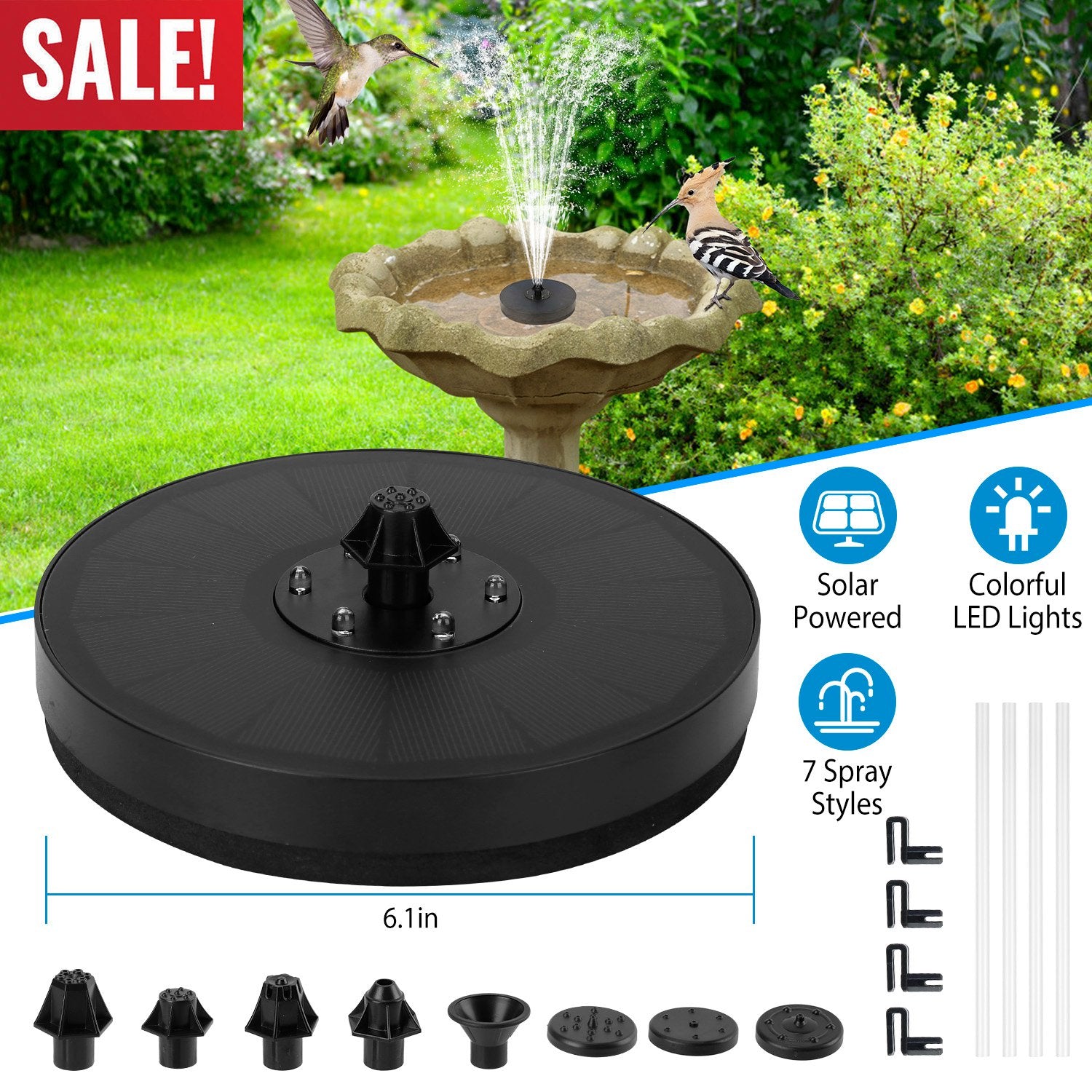 Solar Powered Fountain Pump Floating Bird Bath Pond Pump w/ LED Lights 7 Nozzles For Aquarium Garden Backyard Pond Pool Outdoor 