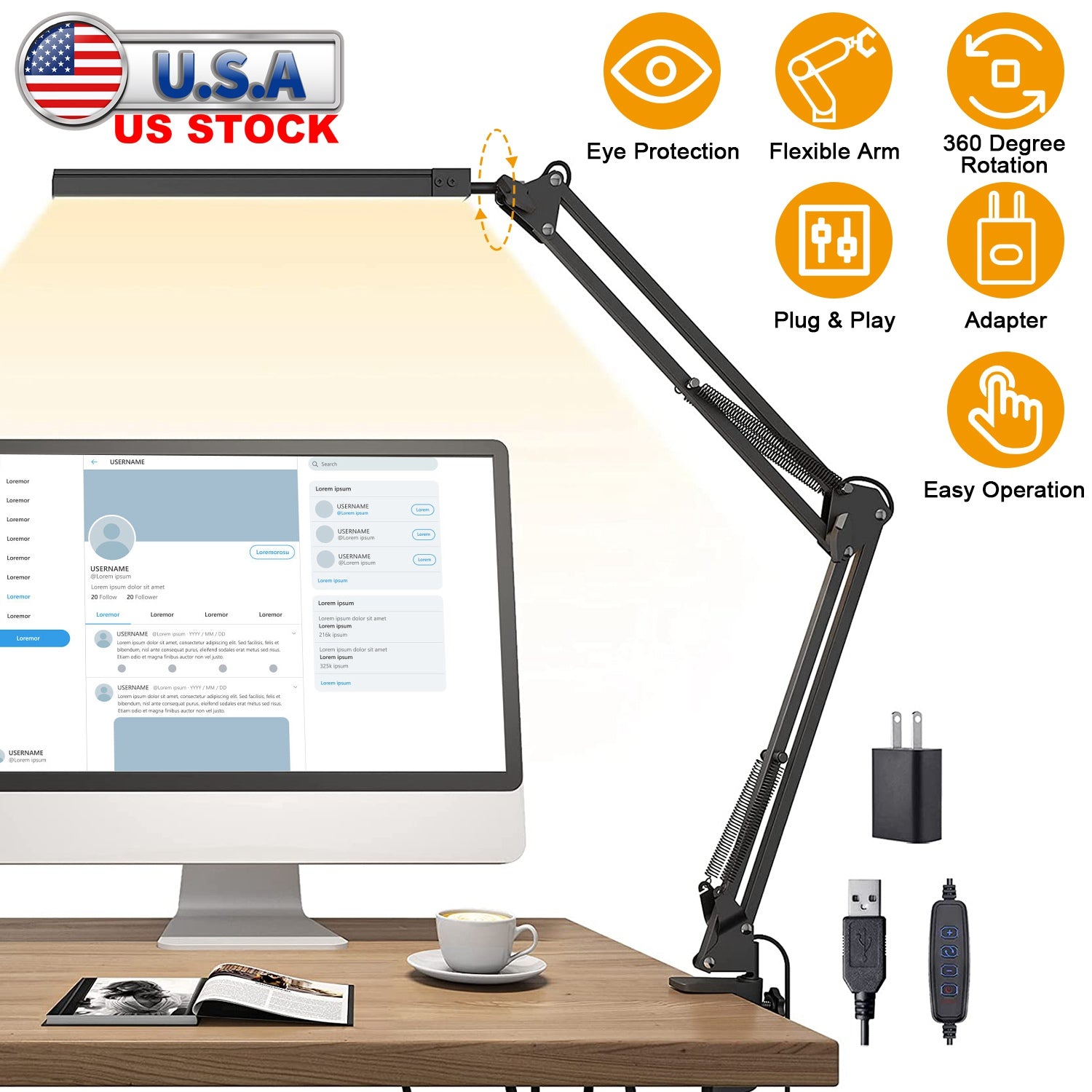 LED Reading Desk Lamp with Clamp Adjustable Swing Arm 3 Modes 10 Brightness Table Light 360 Degree Rotation Lighting Head for Home Office