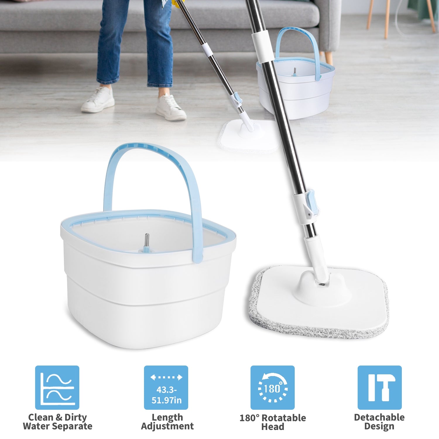 Spin Mop and Bucket with Wringer Set Flat Floor Mop with Clean and Dirty Water Separate System 2 Replaceable Reusable Washable Microfiber Mop Pads