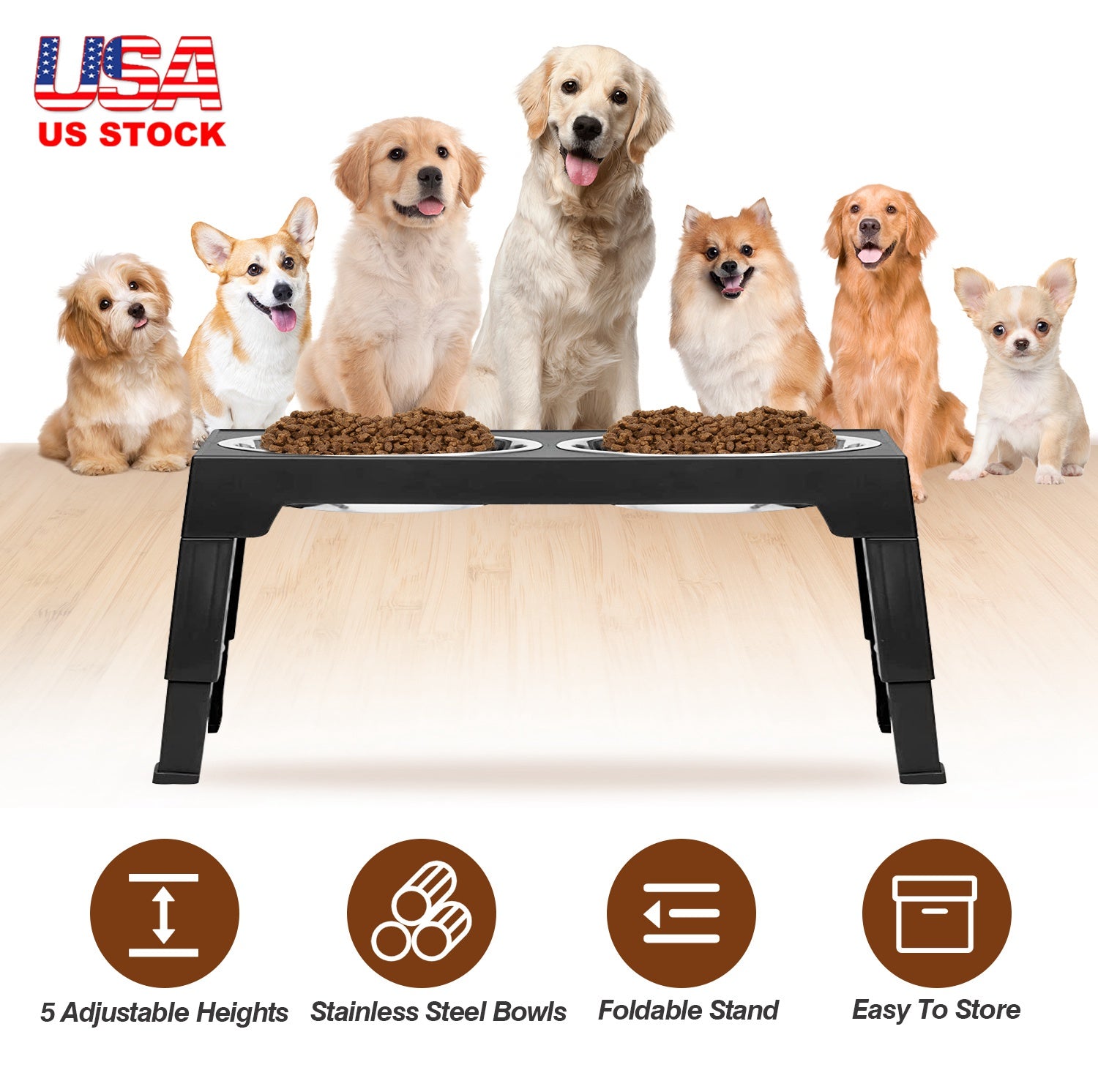 Dog Raised Bowls with 5 Adjustable Heights Stainless Steel Elevated Dog Bowls Foldable Double Bowl Dog Feeder for Small Medium Large Size Dog