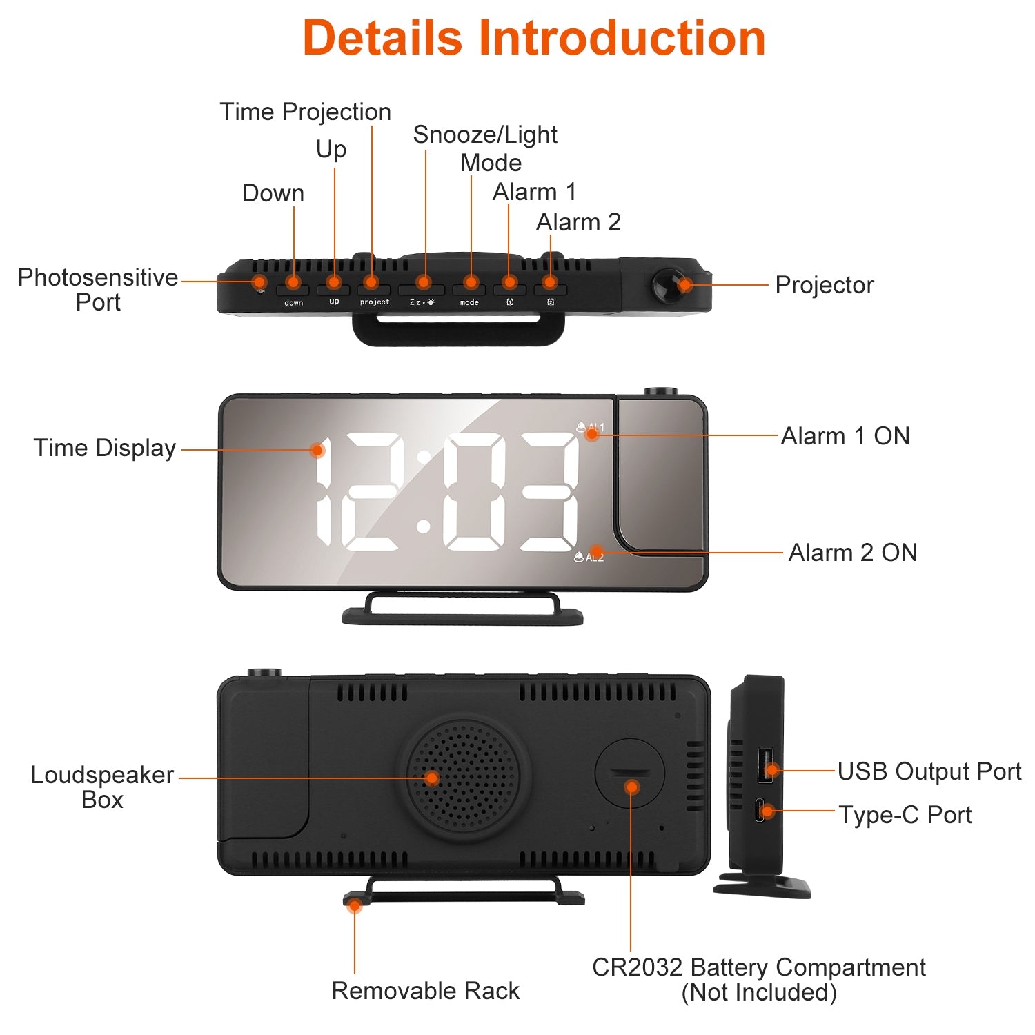 Projection Alarm Clock LED Digital Alarm Clock with Dual Alarms Snooze Function 6 Dimmer 12/24 Hour USB Port 7.7In Mirror 