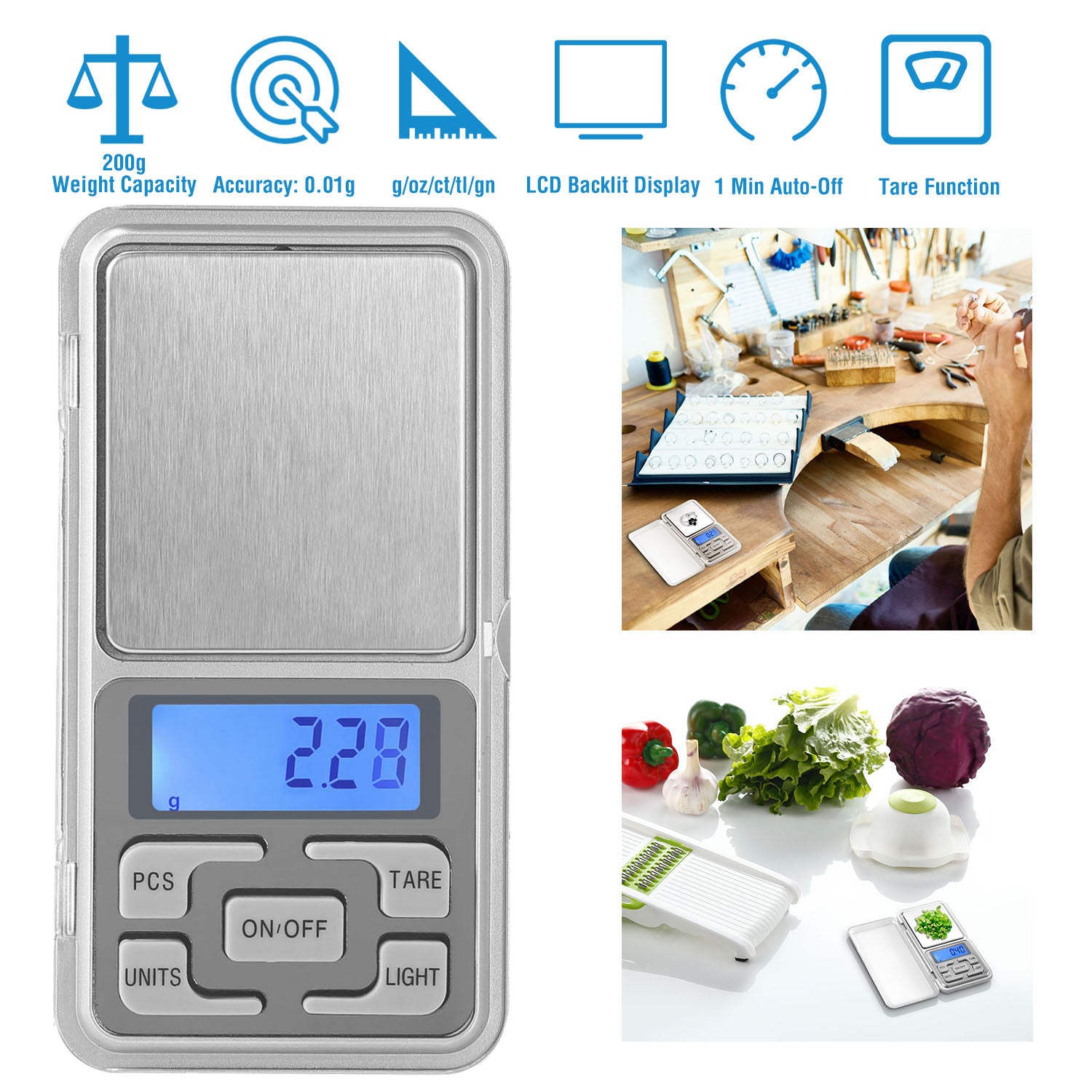 200g x 0.01g Digital Scale Pocket Jewelry Scale Kitchen Electronic Scale Tare Function w/ 5 Units LCD Backlit Display Auto-Off Tare Pcs Function