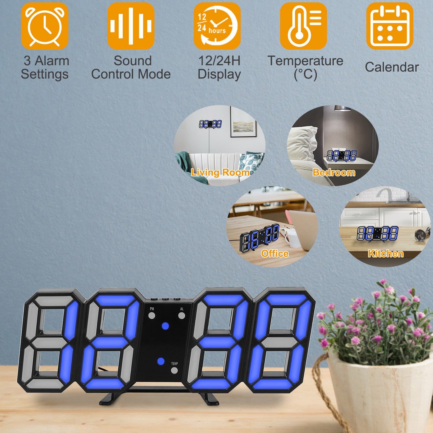 3D LED Digital Wall Clock Sound Control Table Desk Alarm Clock w/ 3 Auto Adjustable Brightness Snooze Date Temperature 12/24Hr Time Display For Office 