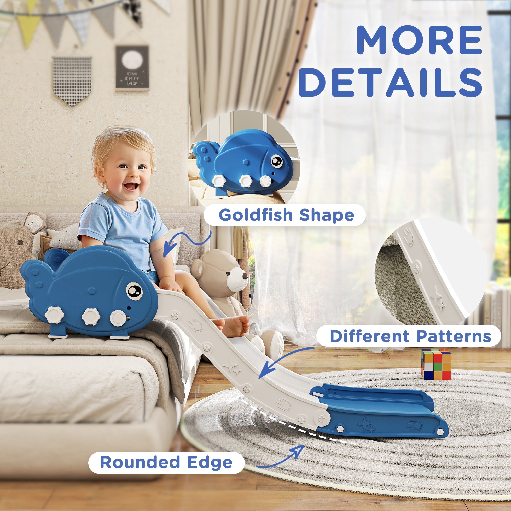 Qaba Toddler Couch Slide for Bed, Sofa, Stairs, Easy Assemble & Storage, for 18-48 Months, Blue 