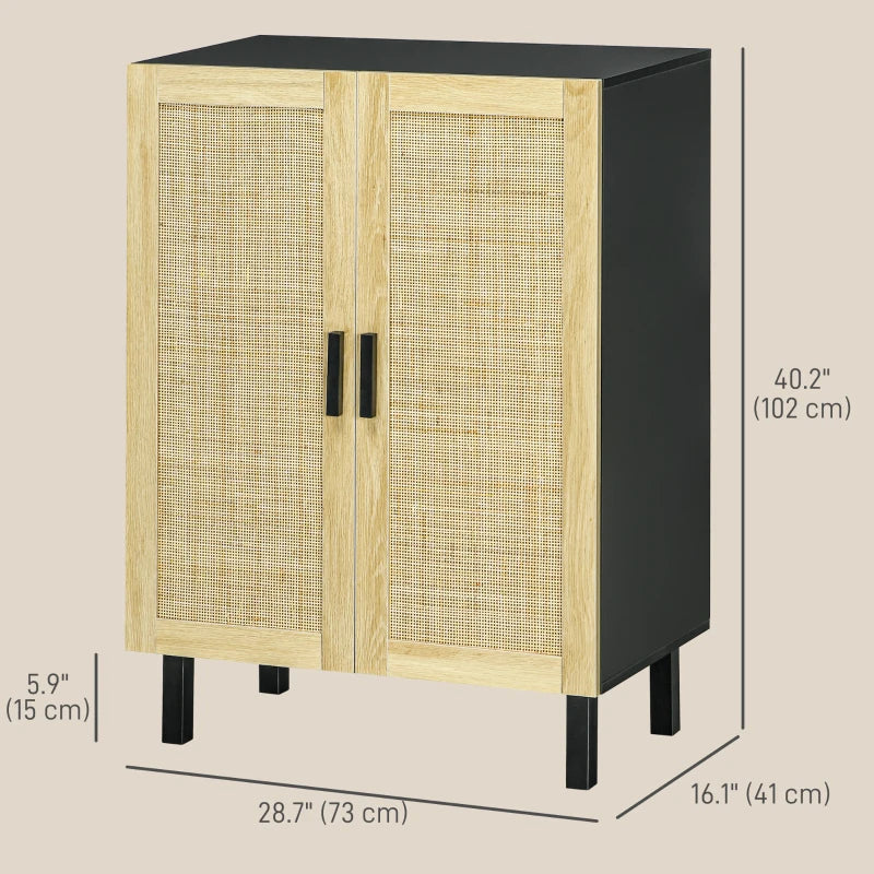 Boho Sideboard, Buffet Cabinet with Storage, Accent Cabinet with 2 Rattan Doors and Adjustable Shelves, Black