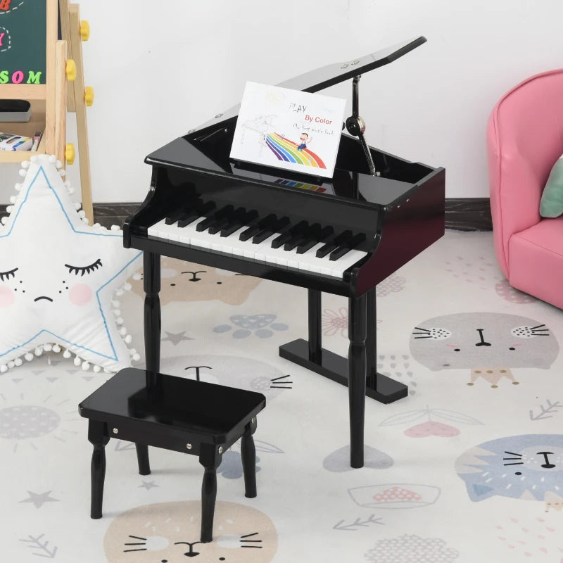 Modern Kids Piano, 30 Keys, Set of 2, Mini Toy for Child, Grand Piano with Music Stand and Bench, Ideal Gift, Black