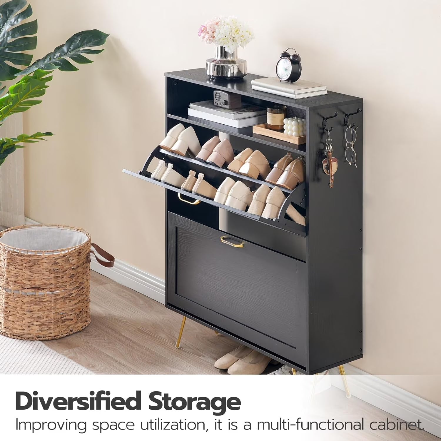 HOOBRO 41.3" Shoe Cabinet with 2 Flip Drawers & Open Shelves, Space-Saving Entryway Shoe Storage Cabinet, Black