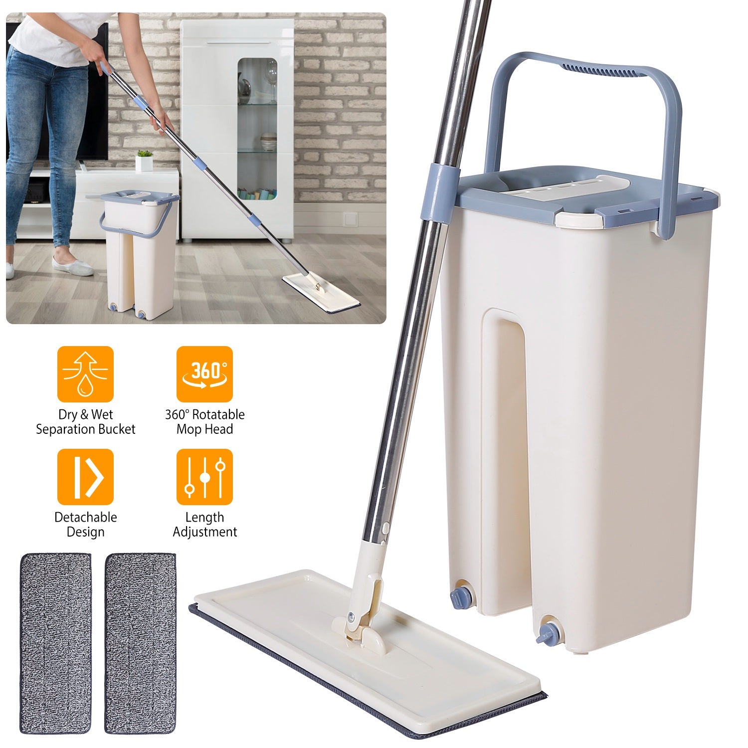 Flat Floor Mop Bucket Set Self Cleaning Wet Dry Usage with 2Pcs Reusable Microfiber Mop Pads