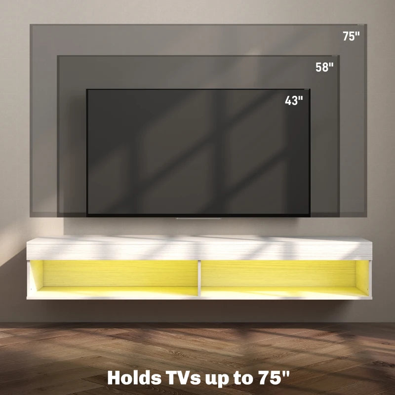 Modern Wall Mounted TV Stand with Storage and LED Lights for TVs up to 75", Floating TV Shelf for Living Room, White