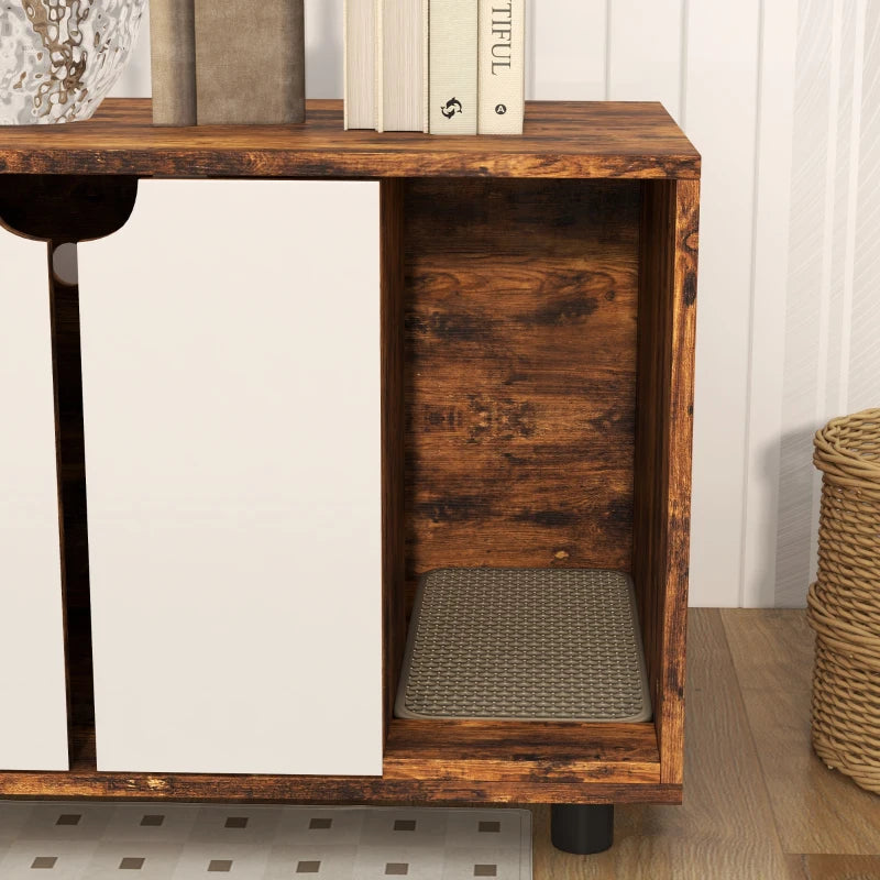 Hidden Cat Litter Box Enclosure with Double Doors and Sand Drain Pad, Rustic Brown