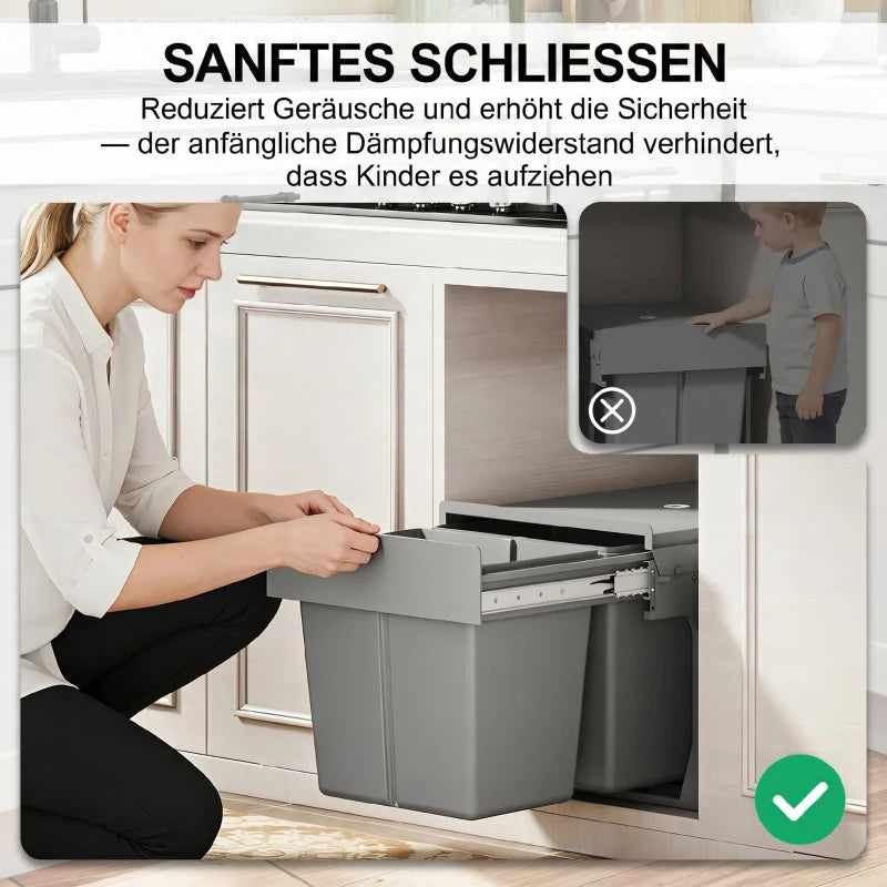 Pull Out Bin with Dual 4-Gallon Removable Compartments, Under Sink Garbage Can with Soft-Close Slides, Light Grey