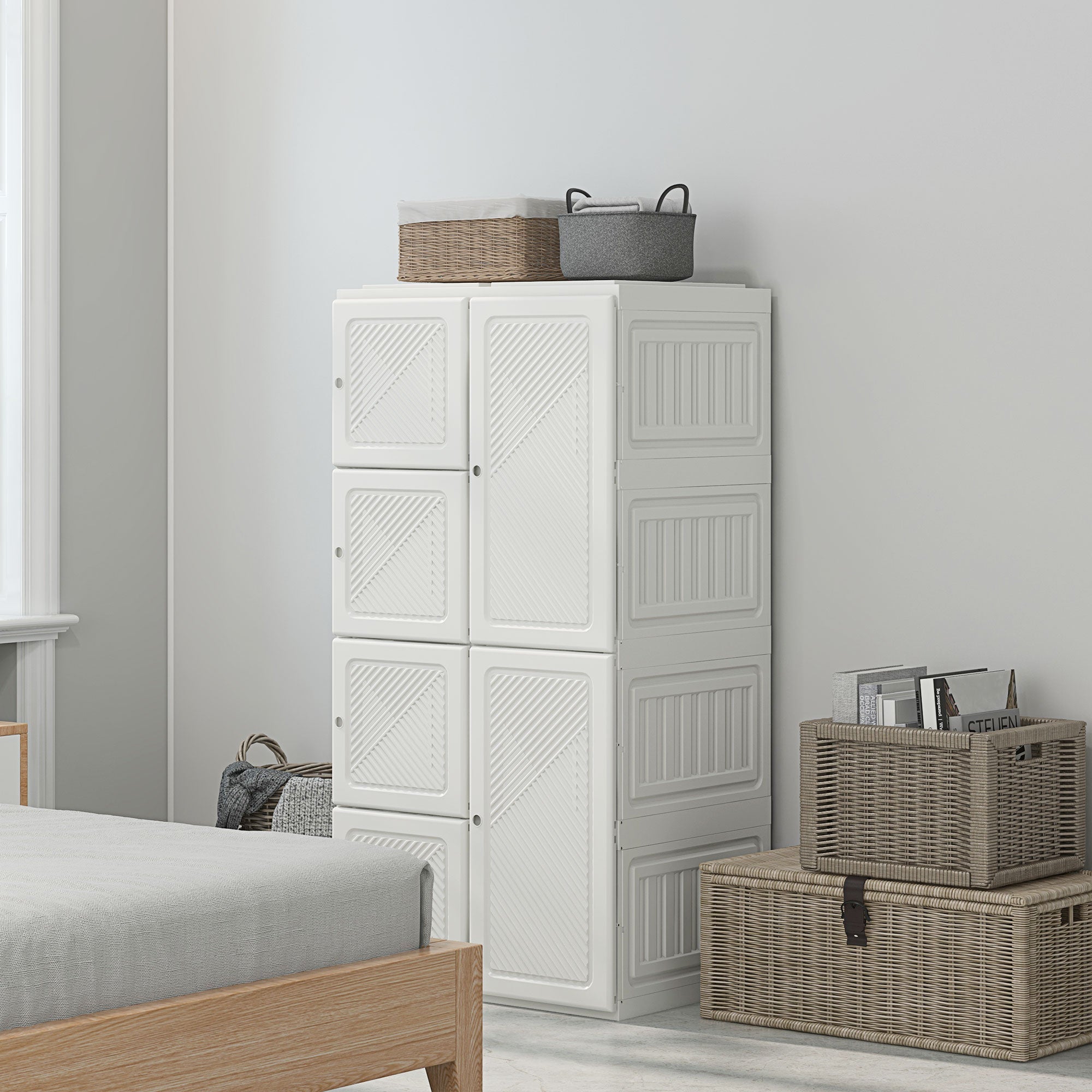 HOMCOM Portable Wardrobe, Foldable Clothes Storage Organzier with 8 Compartments, Magnet Doors, White 