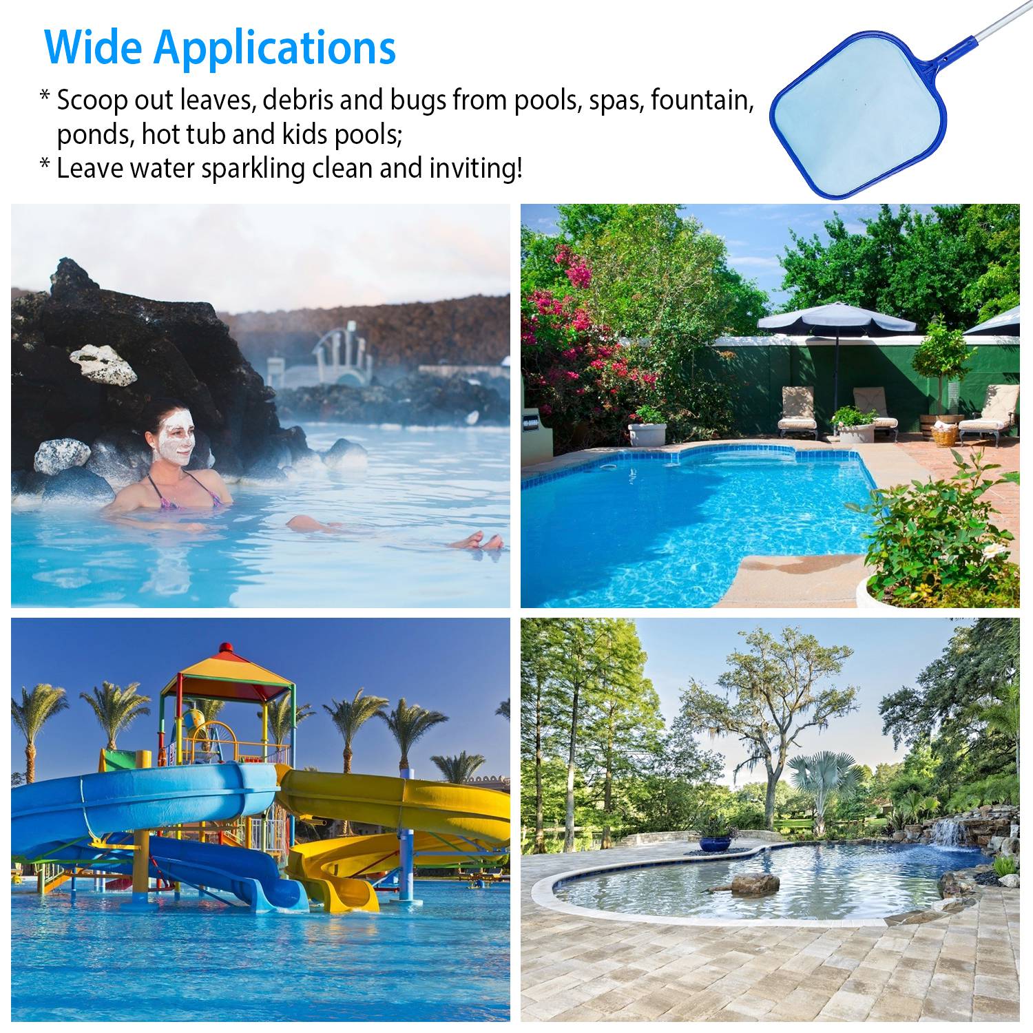 Swinging Pool Skimmer Cleaner Mesh Net Leaf Cleaning Scoop Pool Leaf Rake Debris Skimmer w/ Fine Mesh 4 Telescopic Pole Sections For Swimming Pools Ho