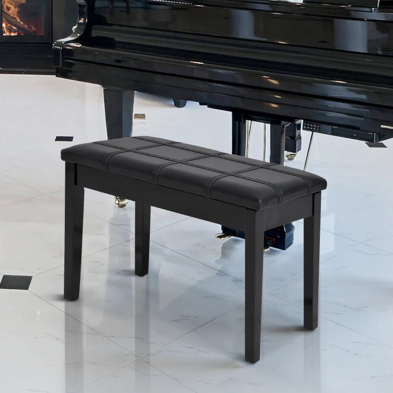 Classic Piano Bench Stool, PU Leather Padded Keyboard Seat with Rubber Wood Legs and Music Storage Compartment, Banded Seat, Black