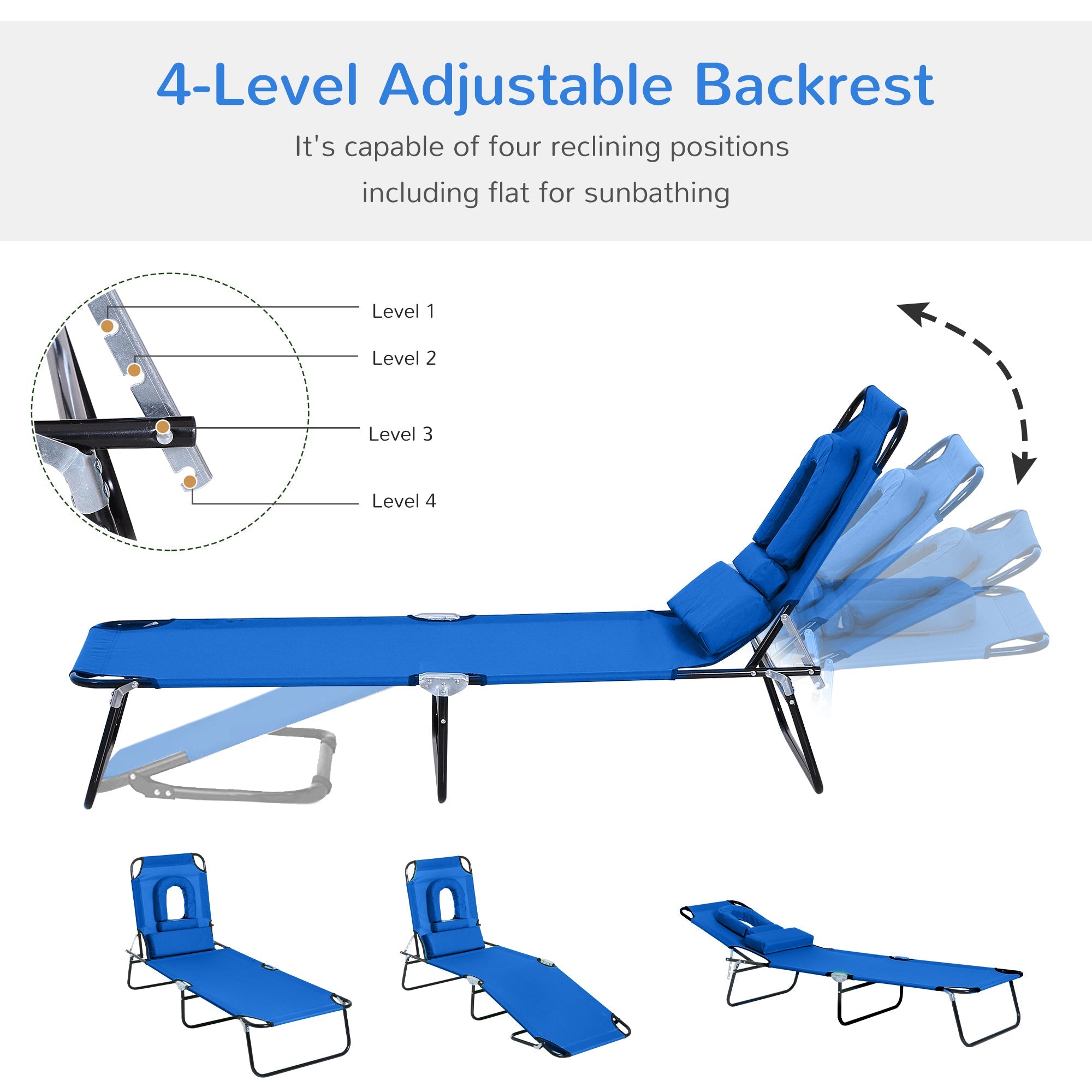 Outsunny Sun Lounger with Reading Hole Adjustable Garden Outdoor Reclining Chair Folding Camping Beach Bed Blue 