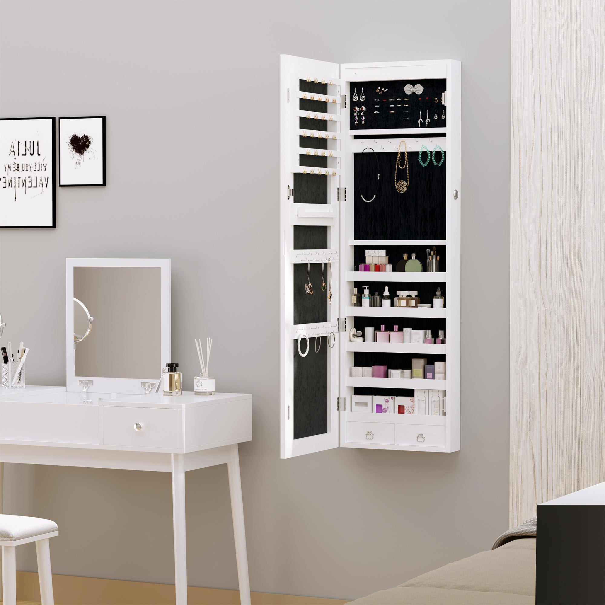 HOMCOM LED Lighted Mirror Jewelry Cabinet Wall Door Mounted Storage Organizer Armoire Wood Grain Gray 
