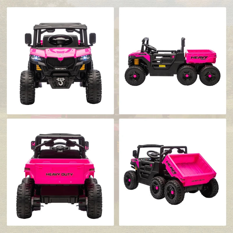 Qaba 24V 4WD Kids Ride On Truck with 6 Wheels Electric Ride On Car with Remote, Dump Bed for 3-8 Years, Pink