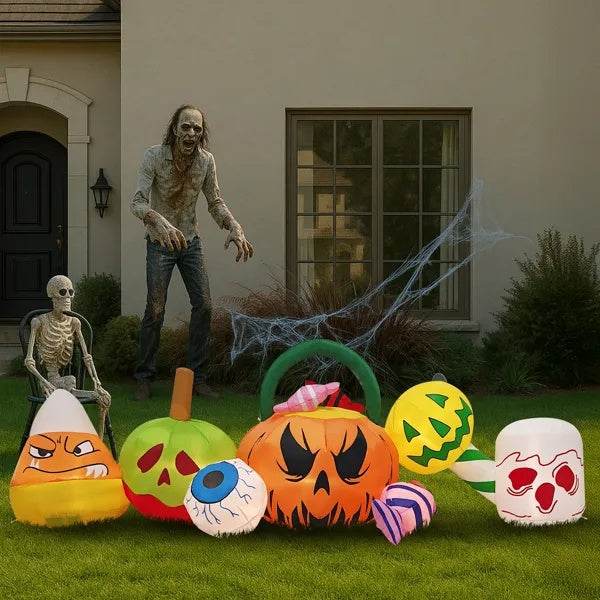 8FT Long Halloween Inflatables Pumpkins Eyeball Candy Outdoor Decorations, Blow Up Yard Decoration With Built-in LEDs Lighted For Lawn Garden Outside Indoor Decor 