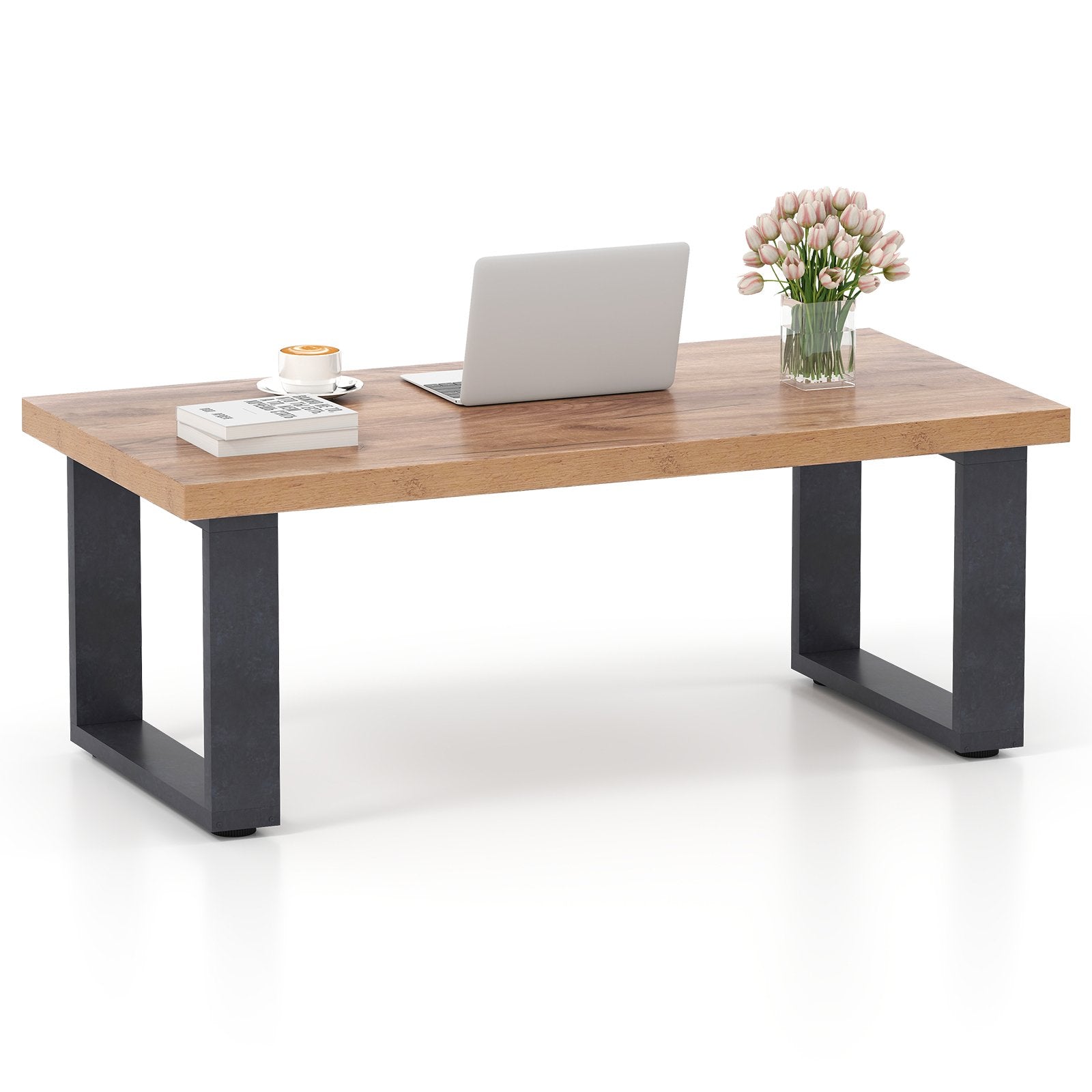 47 inch Farmhouse Style Rustic Coffee Table with Thickened Tabletop and Natural Wood Texture-Oak 