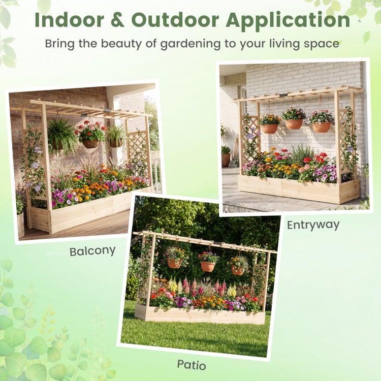 45 Inch Tall Wooden Raised Garden Bed with Side Trellis and Hanging Roof Drainage Holes-Natural