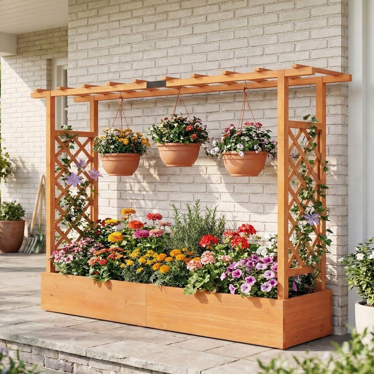 45 Inch Tall Wooden Raised Garden Bed with Side Trellis and Hanging Roof Drainage Holes-Orange