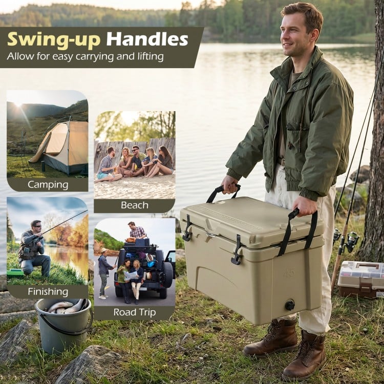 45 Quart Portable Hard Cooler Insulated Ice Chest Keeps Cool for up to 6 Days-Khaki