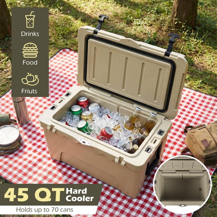 45 Quart Portable Hard Cooler Insulated Ice Chest Keeps Cool for up to 6 Days-Khaki
