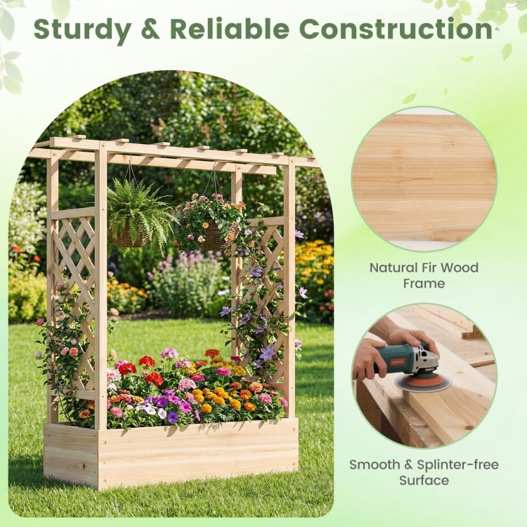 45 inch Tall Wooden Raised Garden Bed with Side Trellis and Hanging Roof-Natural