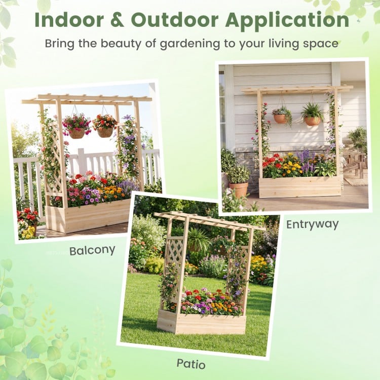 45 inch Tall Wooden Raised Garden Bed with Side Trellis and Hanging Roof-Natural