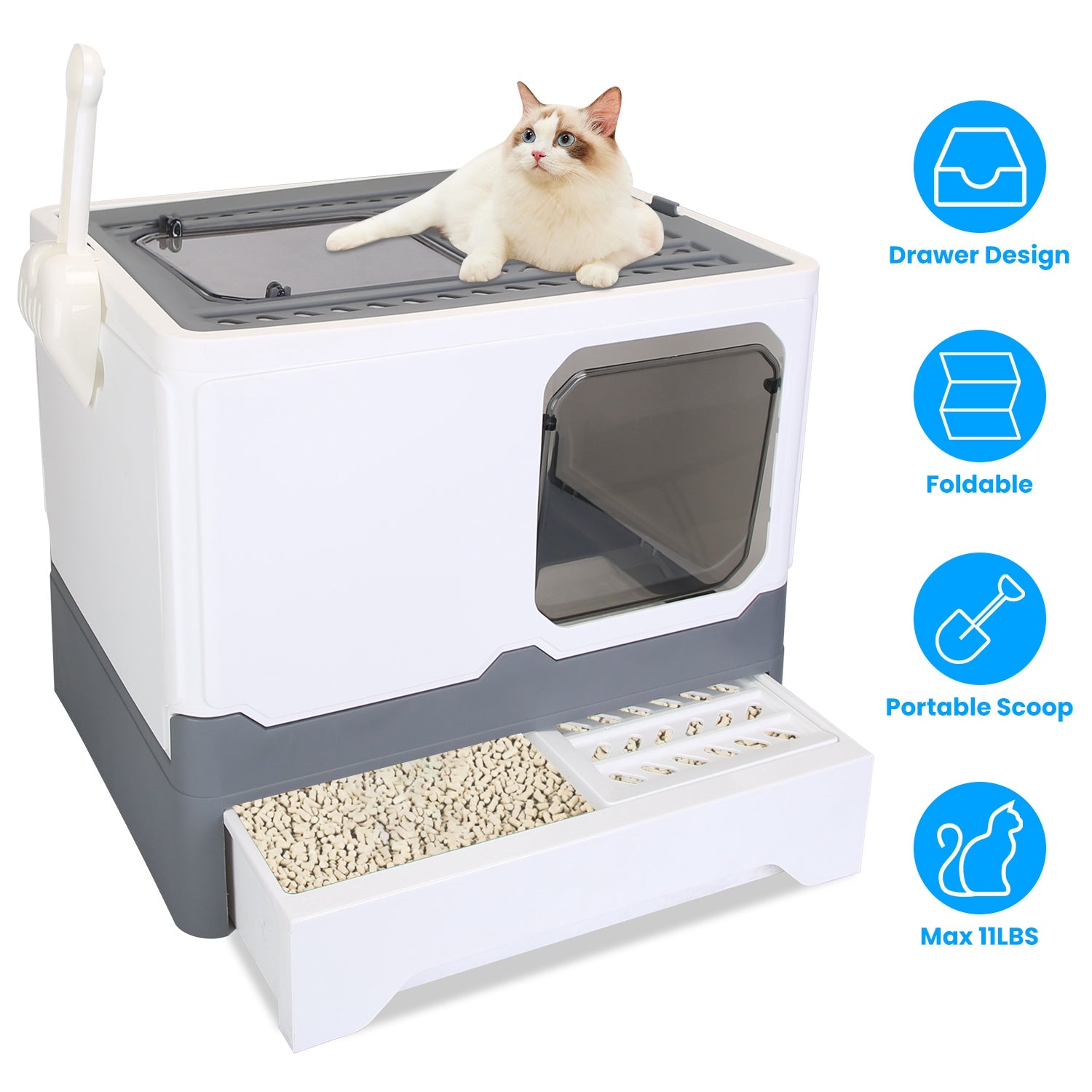 Foldable Cat Litter Box with Lid Enclosed Kitty Litter Box Anti Splashing Cat Toilet Tray with Litter Scoop 