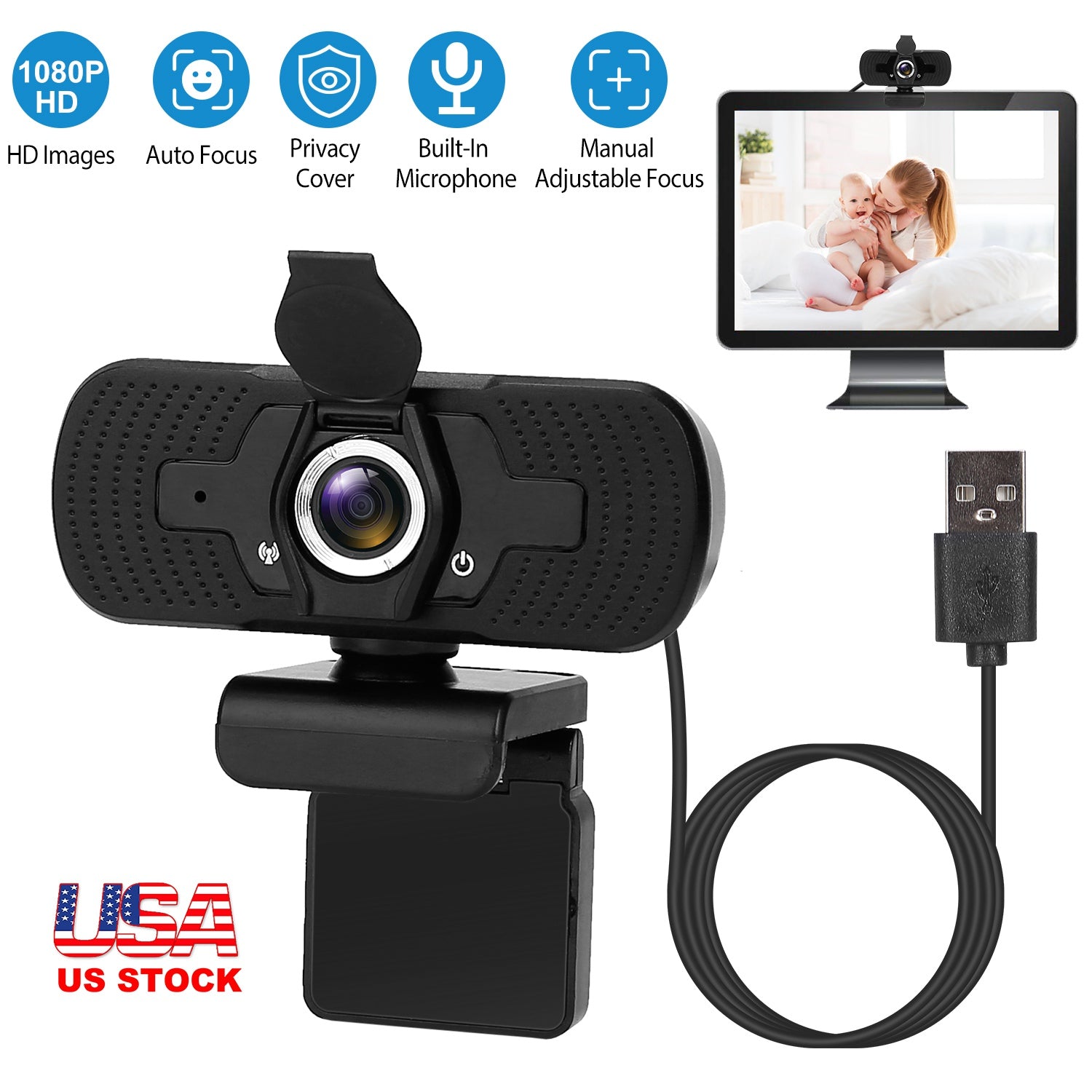 FHD 1080P USB Webcam w/ Microphone Privacy Cover Rotatable Clip Streaming USB Camera Plug And Play For PC Video Conferencing Gaming Facetime Broadcast 