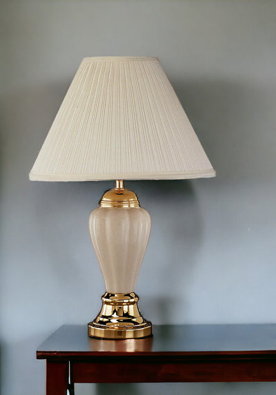 27" Ivory and Gold Ceramic Urn Table Lamp With Off White Empire Shade 